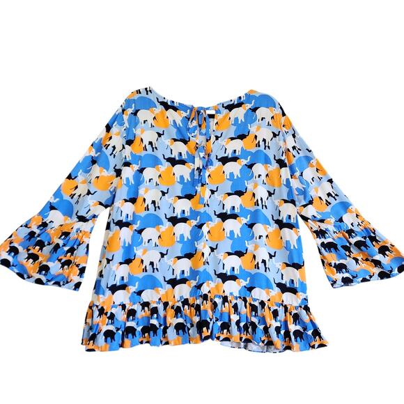Crown & Ivy Womens Peplum Top Size XXL Bell Sleeves Elephant Print Orange Blue - Picture 4 of 10